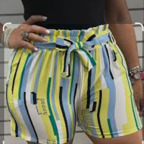 SHEIN Pants - SHEIN High Waist Striped Paper Bag Shorts with Tie- Blue, Yellow, Black